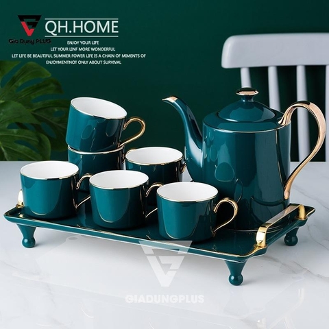 Bộ Ấm Trà Cao Cấp & Cực Đẹp Bằng Sứ - Màu Xanh Ngọc Lục Bảo Sang Trọng - Phong Cách Quý Tộc Bắc Âu | QuianHuiju - gia dụng plus