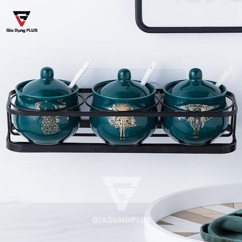 Bộ Ba Hộp Gia Vị Gốm Sang Trọng - Màu Ngọc Lục Bảo - Đặt Bàn & Treo Tường Cho Nhà Bếp | QianHuiju - Gia dụng Plus