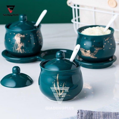 Bộ Ba Hộp Gia Vị Gốm Sang Trọng - Màu Ngọc Lục Bảo - Đặt Bàn & Treo Tường Cho Nhà Bếp | QianHuiju - Gia dụng Plus