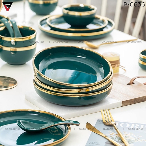 Bộ Đồ Ăn Chén Bát Đĩa Tô Sứ Xanh Ngọc Lục Bảo Viền Vàng Phong Cách Bắc Âu Cao Cấp | Qianhuiju - Gia dụng Plus