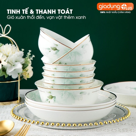 Bộ chén bát sứ GIÓ XUÂN (Ten Miles Spring) cao cấp nhập khẩu - Set 10 người ăn gồm chén, bát, đĩa, tô, nồi, muỗng, đũa.. - Gia dụng Plus