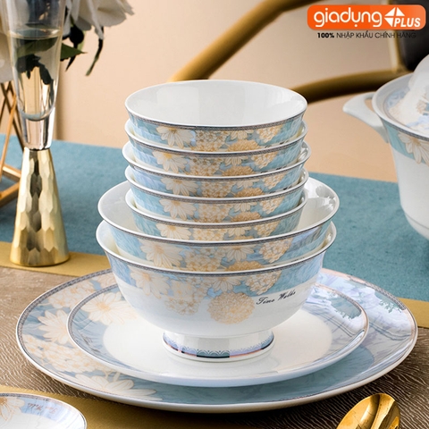 Bộ chén bát sứ TAM HOA (Three Flowers) cao cấp nhập khẩu - Set 10 người ăn gồm chén, bát, đĩa, tô, nồi, muỗng, đũa.. - Gia dụng Plus
