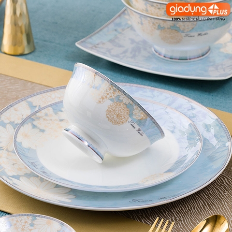 Bộ chén bát sứ TAM HOA (Three Flowers) cao cấp nhập khẩu - Set 10 người ăn gồm chén, bát, đĩa, tô, nồi, muỗng, đũa.. - Gia dụng Plus