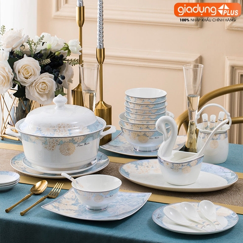 Bộ chén bát sứ TAM HOA (Three Flowers) cao cấp nhập khẩu - Set 10 người ăn gồm chén, bát, đĩa, tô, nồi, muỗng, đũa.. - Gia dụng Plus