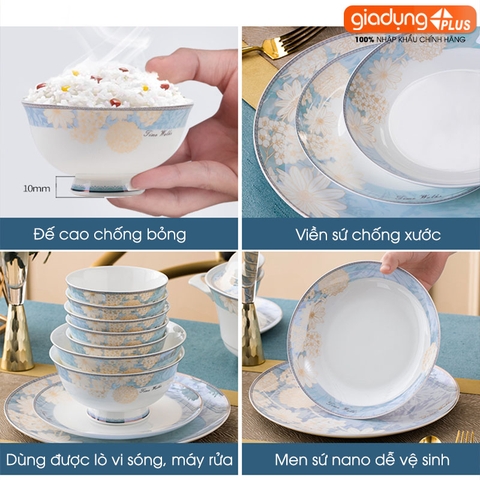 Bộ chén bát sứ TAM HOA (Three Flowers) cao cấp nhập khẩu - Set 10 người ăn gồm chén, bát, đĩa, tô, nồi, muỗng, đũa.. - Gia dụng Plus