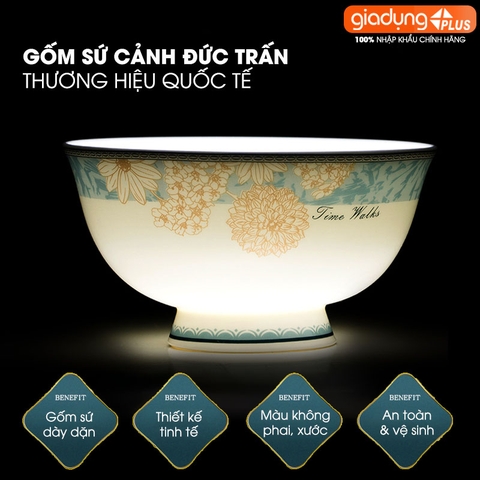 Bộ chén bát sứ TAM HOA (Three Flowers) cao cấp nhập khẩu - Set 10 người ăn gồm chén, bát, đĩa, tô, nồi, muỗng, đũa.. - Gia dụng Plus