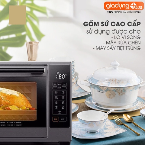 Bộ chén bát sứ TAM HOA (Three Flowers) cao cấp nhập khẩu - Set 10 người ăn gồm chén, bát, đĩa, tô, nồi, muỗng, đũa.. - Gia dụng Plus