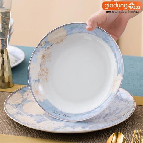 Bộ chén bát sứ TAM HOA (Three Flowers) cao cấp nhập khẩu - Set 10 người ăn gồm chén, bát, đĩa, tô, nồi, muỗng, đũa.. - Gia dụng Plus