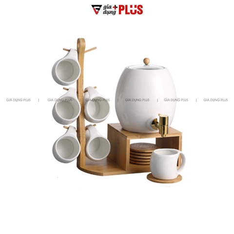 Bộ Chum Đựng Nước Sứ Có Vòi 3 Lít Kèm Kệ Gỗ & 6 Cốc Sứ Màu Trắng Cao Cấp - Gia dụng Plus