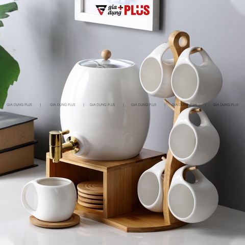 Bộ Chum Đựng Nước Sứ Có Vòi 3 Lít Kèm Kệ Gỗ & 6 Cốc Sứ Màu Trắng Cao Cấp - Gia dụng Plus