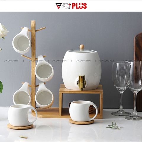 Bộ Chum Đựng Nước Sứ Có Vòi 3 Lít Kèm Kệ Gỗ & 6 Cốc Sứ Màu Trắng Cao Cấp - Gia dụng Plus