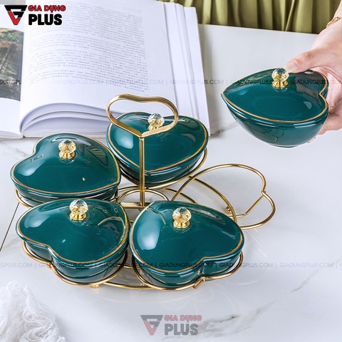 Bộ Hộp Đựng Kẹo Mứt Bằng Gốm Sứ Xanh Ngọc Lục Bảo | Năm Cánh Hình Trái Tim Kèm Kệ Mạ Vàng Cao Cấp - Gia dụng Plus