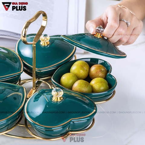 Bộ Hộp Đựng Kẹo Mứt Bằng Gốm Sứ Xanh Ngọc Lục Bảo | Năm Cánh Hình Trái Tim Kèm Kệ Mạ Vàng Cao Cấp - Gia dụng Plus