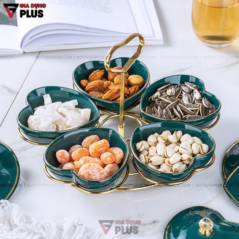 Bộ Hộp Đựng Kẹo Mứt Bằng Gốm Sứ Xanh Ngọc Lục Bảo | Năm Cánh Hình Trái Tim Kèm Kệ Mạ Vàng Cao Cấp - Gia dụng Plus