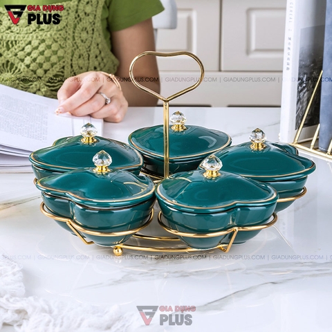 Bộ Hộp Đựng Kẹo Mứt Bằng Gốm Sứ Xanh Ngọc Lục Bảo | Năm Cánh Hình Trái Tim Kèm Kệ Mạ Vàng Cao Cấp - Gia dụng Plus