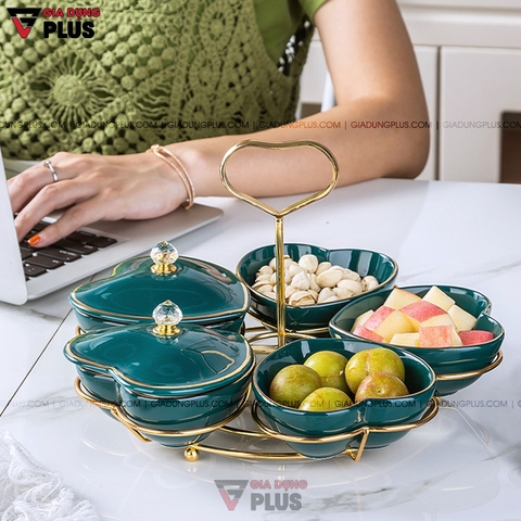 Bộ Hộp Đựng Kẹo Mứt Bằng Gốm Sứ Xanh Ngọc Lục Bảo | Năm Cánh Hình Trái Tim Kèm Kệ Mạ Vàng Cao Cấp - Gia dụng Plus