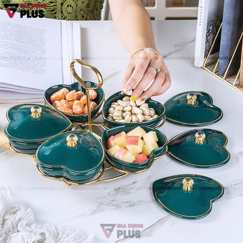 Bộ Hộp Đựng Kẹo Mứt Bằng Gốm Sứ Xanh Ngọc Lục Bảo | Năm Cánh Hình Trái Tim Kèm Kệ Mạ Vàng Cao Cấp - Gia dụng Plus