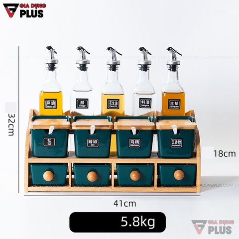 Bộ Hộp Đựng Gia Vị Gốm Sứ Xanh Ngọc Lục Bảo | Kèm Kệ Gỗ & Bình Đựng Dầu Thuỷ Tinh Cao Cấp - Gia dụng Plus