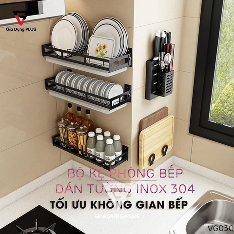 Kệ Đựng Chén Bát INOX 304 Treo Tường Chắc Chắn, Không Cần Khoan Tường (Sơn Tĩnh Điện Màu Đen) Cao Cấp Cho Phòng Bếp (LZ-0201) - Gia dụng Plus