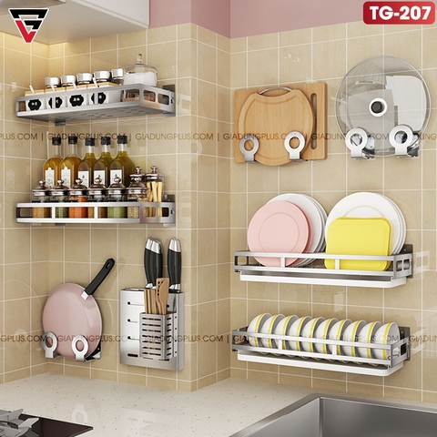 Bộ Các Loại Kệ Giá Cho Phòng Bếp INOX 304, Màu Nguyên Bản Dán Tường | Tối Ưu Không Gian | TIGGANG - Gia dụng Plus