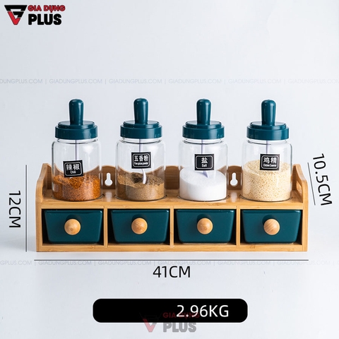 Set Đựng Gia Vị Muỗng Kèm Nắp & Hủ Gia Vị Sứ | Màu Xanh Ngọc Lục Bảo Sang Trọng | Kèm Kệ Gỗ Chắc Chắn - Gia dụng Plus