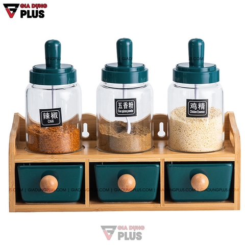 Set Đựng Gia Vị Muỗng Kèm Nắp & Hủ Gia Vị Sứ | Màu Xanh Ngọc Lục Bảo Sang Trọng | Kèm Kệ Gỗ Chắc Chắn - Gia dụng Plus