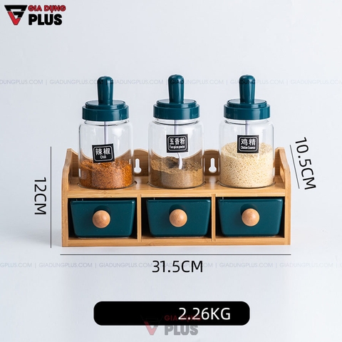 Set Đựng Gia Vị Muỗng Kèm Nắp & Hủ Gia Vị Sứ | Màu Xanh Ngọc Lục Bảo Sang Trọng | Kèm Kệ Gỗ Chắc Chắn - Gia dụng Plus