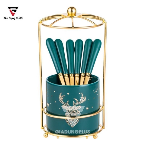 Bộ Ống Đựng Nĩa, Muỗng Bằng Sứ + 6 Nĩa Inox 304 Màu Xanh Lưu Ly | Ăn Đồ Tráng Miệng Đa Năng | Qianhuiju (QH-0609) - Gia dụng Plus