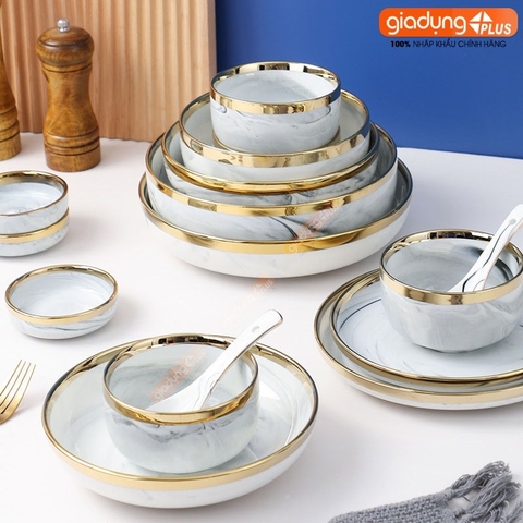 🔴OUTLET | Chén chấm, chán ăn cơm, tô bát & đĩa sứ màu trắng vân đá viền vàng sang trọng phong cách Bắc Âu