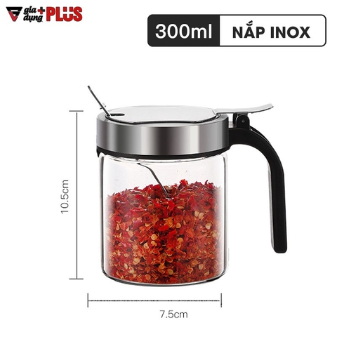 Lọ Đựng Gia Vị Nắp Bật Thuỷ Tinh Borosilicate Chống Ẩm, Có Tay Cầm Viền INOX 304 | Tặng Kèm Muỗng INOX 304 | Kuake - Gia dụng Plus