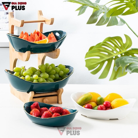 Đĩa Trái Cây Gốm Sứ Nhiều Tầng Kèm Kệ Gỗ Sang Trọng | Màu Xanh Ngọc Lục Bảo & Màu Trắng | Phong Cách Bắc Âu - Gia dụng Plus