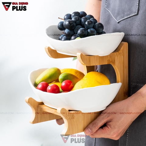 Đĩa Trái Cây Gốm Sứ Nhiều Tầng Kèm Kệ Gỗ Sang Trọng | Màu Xanh Ngọc Lục Bảo & Màu Trắng | Phong Cách Bắc Âu - Gia dụng Plus