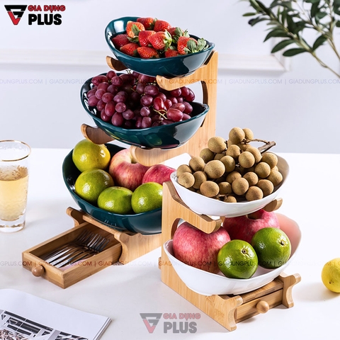 Đĩa Trái Cây Gốm Sứ Nhiều Tầng Kèm Kệ Gỗ Sang Trọng | Màu Xanh Ngọc Lục Bảo & Màu Trắng | Phong Cách Bắc Âu - Gia dụng Plus