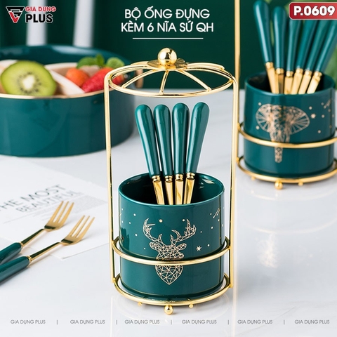【Xả Kho】Bộ Ống Đựng Nĩa, Muỗng Bằng Sứ + 6 Nĩa Inox 304 Màu Xanh Lưu Ly