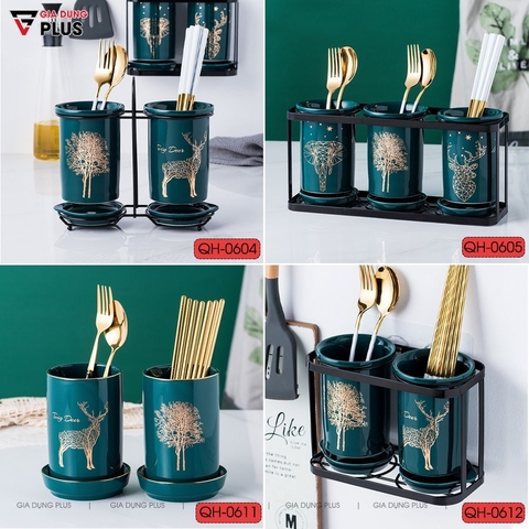 🔴OUTLET | Bộ ống đựng đũa sứ đựng đũa, thìa, muỗng cao cấp kèm khung thép xuất Nhật