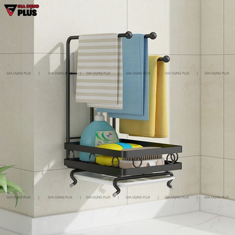Giỏ Đựng Đồ Rửa Chén Kèm Thanh Treo Khăn Lau Bếp Dán Tường Bằng Thép Carbon / Sơn Tĩnh Điện Không Gỉ Cao Cấp | NANJIE - Gia dụng Plus
