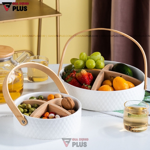 Giỏ Đựng Trái Cây, Đồ Ăn Vặt, Bánh Kẹo Đa Năng Gốm Sứ Cao Cấp | Có Vách Ngăn Gỗ Tiện Lợi - Gia dụng Plus