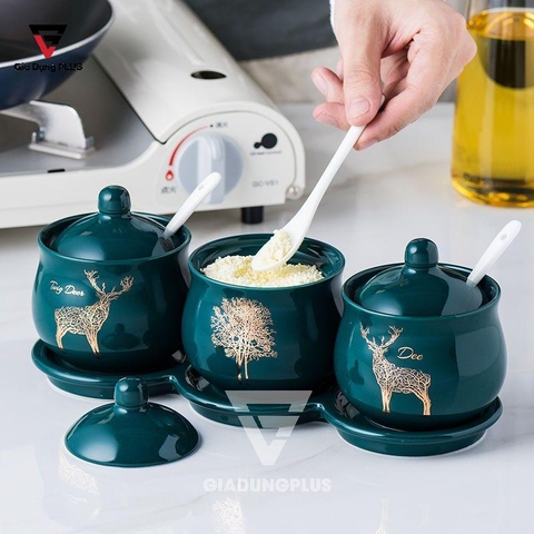 Bộ Ba Hộp Gia Vị Gốm Sang Trọng - Màu Ngọc Lục Bảo - Đặt Bàn & Treo Tường Cho Nhà Bếp | QianHuiju - Gia dụng Plus
