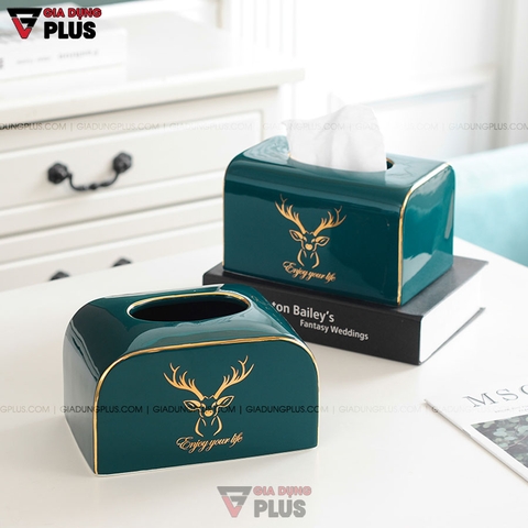 Hộp Đựng Giấy Ăn Đặt Bàn Gốm Sứ Xanh Ngọc Lục Bảo Cao Cấp | Phong Cách Bắc Âu Với Bộ Hươu Quý Tộc - Gia dụng Plus