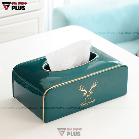 Hộp Đựng Giấy Ăn Đặt Bàn Gốm Sứ Xanh Ngọc Lục Bảo Cao Cấp | Phong Cách Bắc Âu Với Bộ Hươu Quý Tộc - Gia dụng Plus