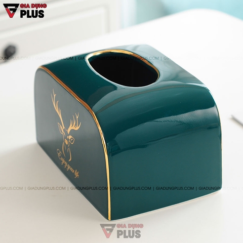 Hộp Đựng Giấy Ăn Đặt Bàn Gốm Sứ Xanh Ngọc Lục Bảo Cao Cấp | Phong Cách Bắc Âu Với Bộ Hươu Quý Tộc - Gia dụng Plus