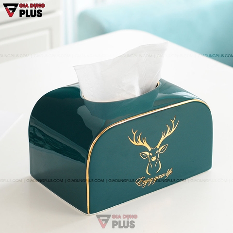 Hộp Đựng Giấy Ăn Đặt Bàn Gốm Sứ Xanh Ngọc Lục Bảo Cao Cấp | Phong Cách Bắc Âu Với Bộ Hươu Quý Tộc - Gia dụng Plus
