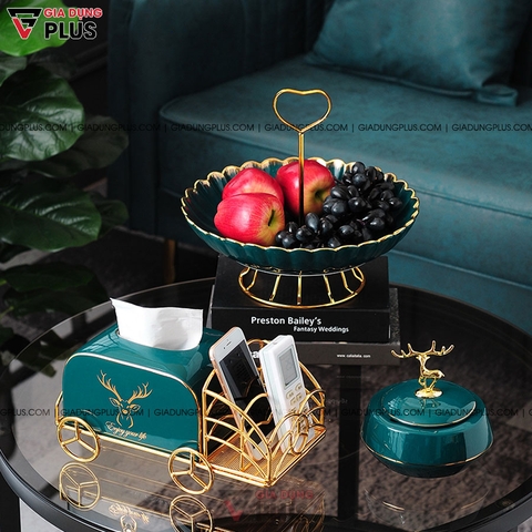 Hộp Đựng Khăn Giấy Gốm Sứ Xanh Ngọc Lục Bảo | Kèm Kệ Mạ Vàng Đựng Điều Khiển Từ Xa Đa Năng | Phong Cách Bắc Âu - Gia dụng Plus