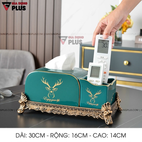 Hộp Đựng Giấy Ăn Đặt Bàn Gốm Sứ Xanh Ngọc Lục Bảo Cao Cấp | Phong Cách Bắc Âu Với Bộ Hươu Quý Tộc - Gia dụng Plus