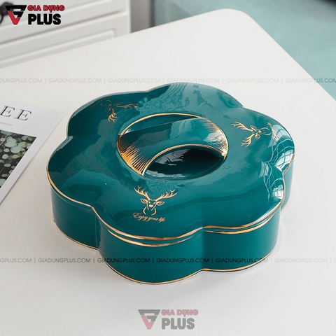 Hộp Đựng Kẹo Mứt Bông Hoa Gốm Sứ Thủ Công | Màu Xanh Ngọc Lục Bảo Cao Cấp | Phong Cách Bắc Âu Sang Trọng - Gia dụng Plus