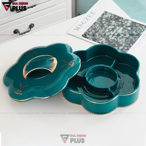 Hộp Đựng Kẹo Mứt Bông Hoa Gốm Sứ Thủ Công | Màu Xanh Ngọc Lục Bảo Cao Cấp | Phong Cách Bắc Âu Sang Trọng - Gia dụng Plus