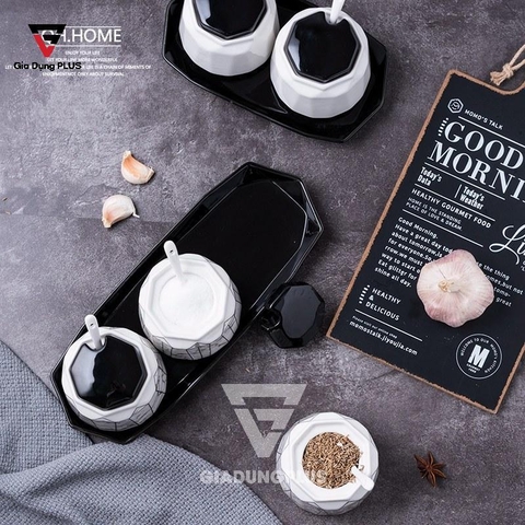 Bộ Hộp Đựng Gia Vị Sứ Cao Cấp & Sang Trọng Cho Nhà Bếp | Thiết Kế Hình Kim Cương, Phong Cách Bắc Âu - QianHuiju - Gia dụng Plus