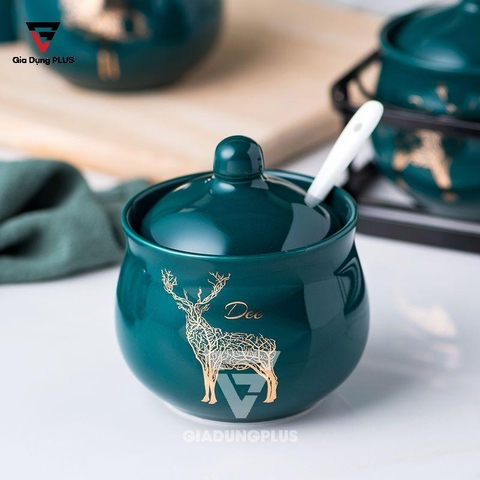 Bộ Ba Hộp Gia Vị Gốm Sang Trọng - Màu Ngọc Lục Bảo - Đặt Bàn & Treo Tường Cho Nhà Bếp | QianHuiju - Gia dụng Plus