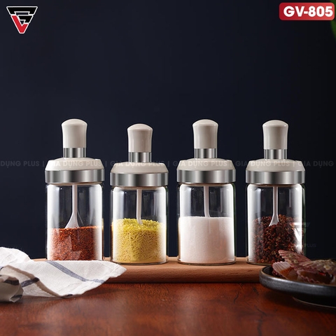 Lọ Đựng Gia Vị Muỗng Nắp Thuỷ Tinh Borosilicate (Màu Trắng) Có Nắp Viền INOX 304 | KUAKE - Gia dụng Plus