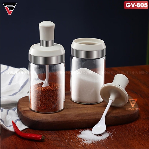 Lọ Đựng Gia Vị Muỗng Nắp Thuỷ Tinh Borosilicate (Màu Trắng) Có Nắp Viền INOX 304 | KUAKE - Gia dụng Plus
